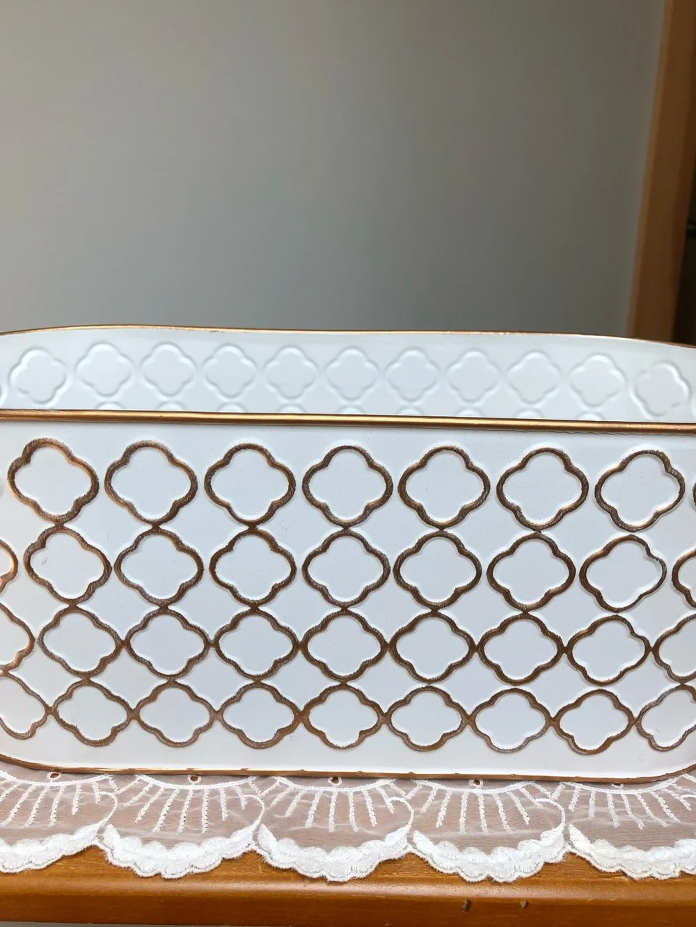 White Embossed Trellis Metal Basket With Handles